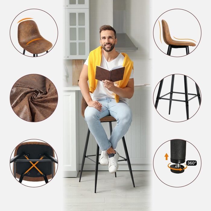 Барні стільці Cosy 2 шт. Вінтаж з підніжкою, м'яке сидіння з штучної замші, метал, коричневий