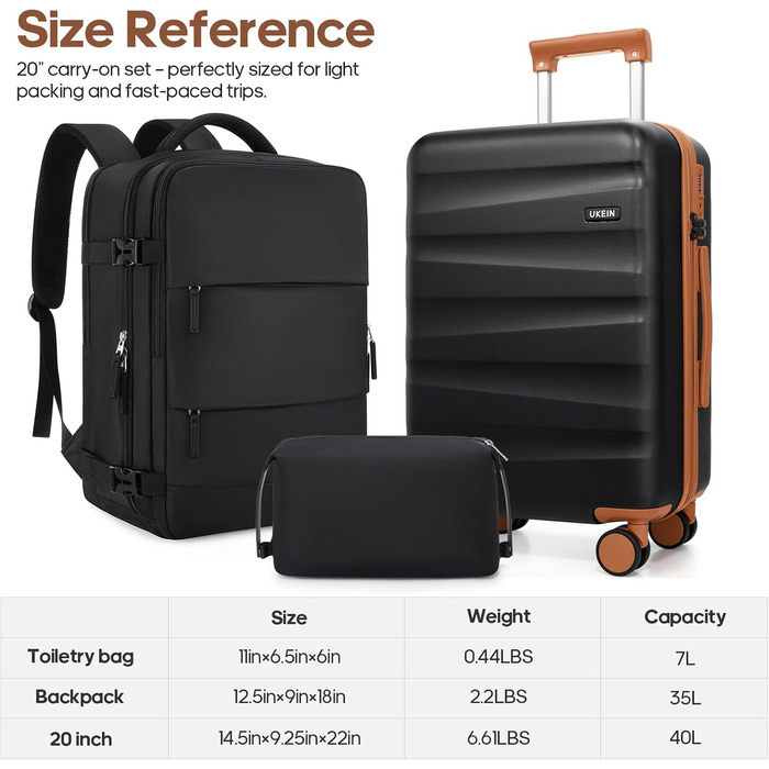 Набір валіз Gepäck з рюкзаком, полікарбонатне ручне багаж, схвалено авіакомпаніями з обертовими колесами, набір жорстких валіз з TSA-замком, багаж на спіннері (Чорний, 3 шт. (50 см))