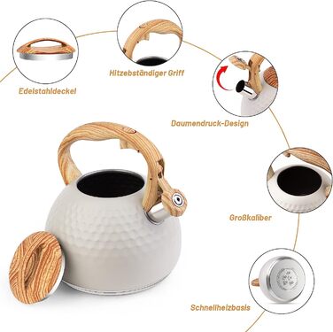 Сучасний чайник об'ємом 3 л, індукційний чайник зі свистком з нержавіючої сталі, чайник для всіх конфорок, чайник з флейтою з дерев'яною ручкою, чайник для приготування чаю, кава (білий)