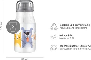 Пляшка для пиття alfi для дітей elementBottle 400 мл, Дитяча пляшка герметична, негазована, не містить 5357 202 040 бісфенолу А, пляшка ідеально підходить для соку, води або чаю (400 мл, милі тварини)