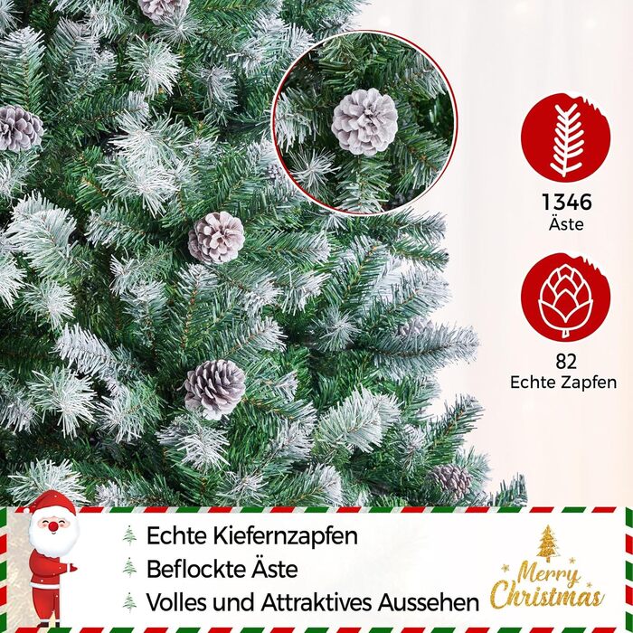 Штучна ялинка Yaheetech зі снігом та 64 шишками, 228 см, 920 гілок, вогнестійка, з металевим підставкою та системою швидкого складання