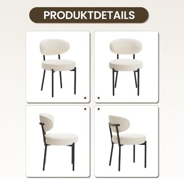 COLAMY Комплект обідніх стільців 4 шт. з м'яким сидінням 10 см – Сучасні м'які стільці з плюшевої тканини Teddy, з міцним металевим каркасом – Для кухні та вітальні, Білий. Комплект 4 шт.