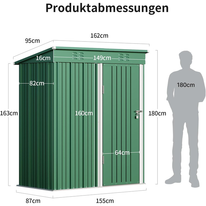 Металевий сарай для інструментів Bealife 180x162x95 см, сталевий садовий шоп, вуличний склад, господарський будиночок для двору, тераси, газону (Зелений)