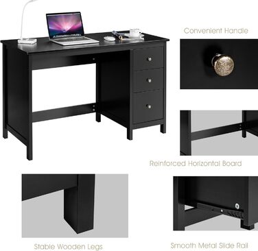 LIFEZEAL Стол письмовий з 3 шухлядами, комп'ютерний стіл 120x50 см, білий/чорний для офісу/кабінету