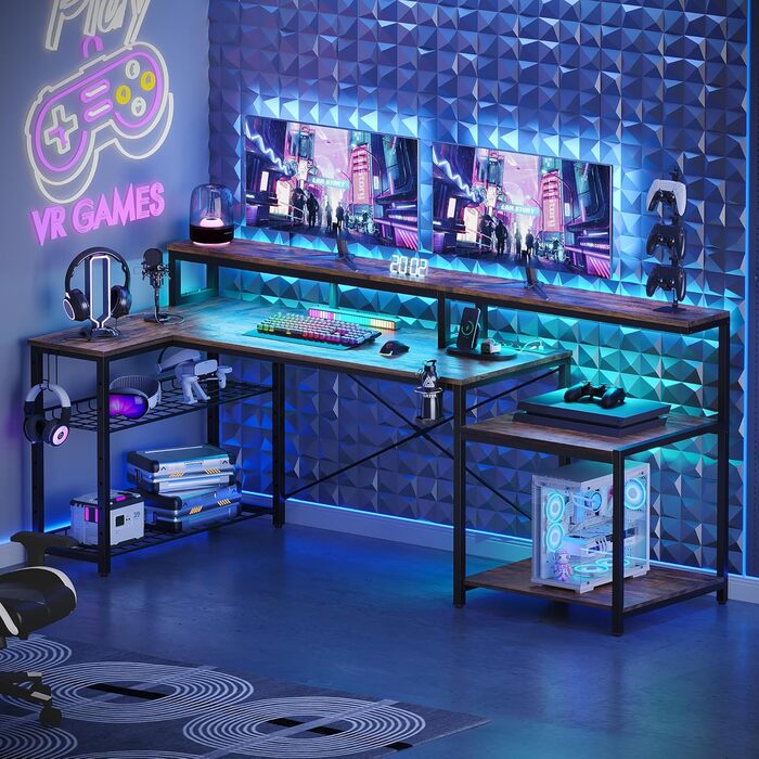 Ігровий стіл Bestier 181x80 см з LED-підсвіткою, L-подібний, 3 розетки AC, 2 USB, для комп'ютера, з великою платформою для монітора, карбон (коричневий)