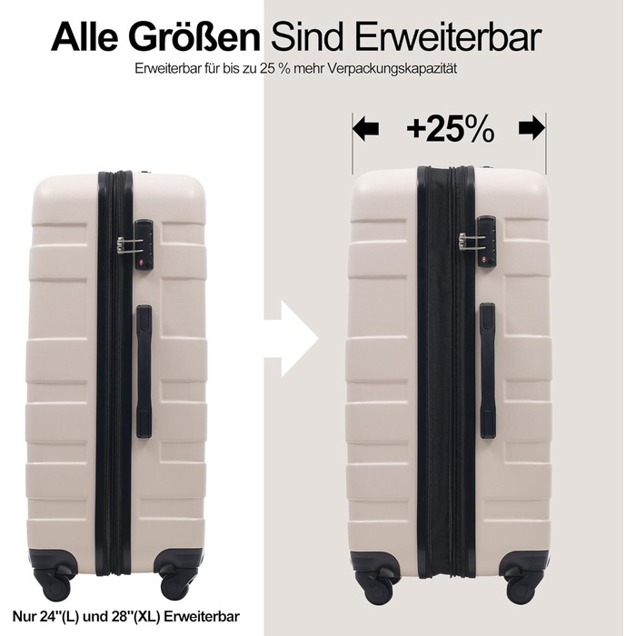 Набір валіз Merax 5 шт. (M-L-XL) з ABS, TSA-замком, розширення L-XL, з сумкою та косметичкою, бежево-чорний