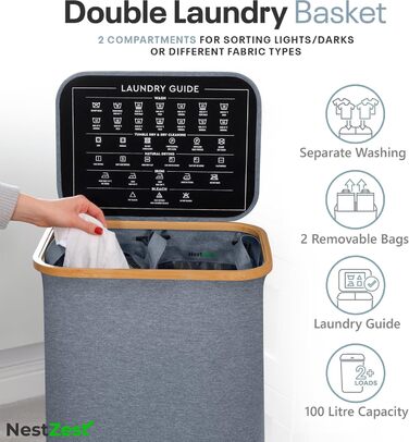 Кошик для білизни Nest Zest 100L з кришкою, 2 відділення для сортування, з інструкцією по догляду та 2 знімними внутрішніми кишенями, з бамбуковим обідком, Оксфордська тканина (Сірий)