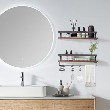 Набір навісних дерев'яних полиць Uten у рустикальному стилі з тримачем для рушників, 2 шт., світло-коричневий (ретро-кава) для ванної, кухні, вітальні та спальні