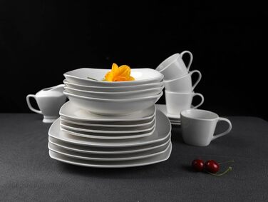 Комбінований сервіз із 30 предметів Класичний сучасний дизайн, елегантний набір білого порцелянового посуду з 6 обідніми тарілками, 6 бічними тарілками, 6 тарілками для супу, 6 чашками для чаю, 6 блюдцями