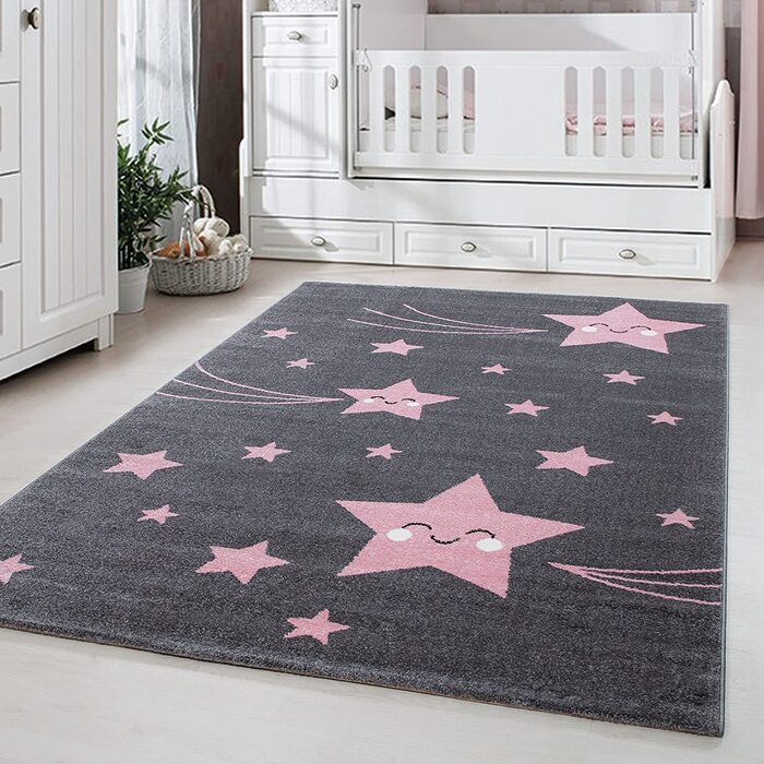 Дитячий килим з малюнком милої зірки, прямокутний, Не вимагає особливого догляду, Килимки для дитячої, дитячої або ігрової кімнат, Розмір Колір сіро-рожевий (140 х 200 см, рожевий)