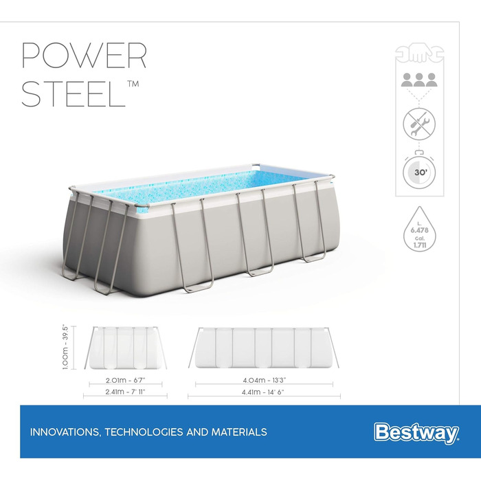 Комплект каркасного басейну Bestway Power Steel Framepool, квадратний, з фільтруючим насосом і захисною драбиною 404 x 201 x 100 см