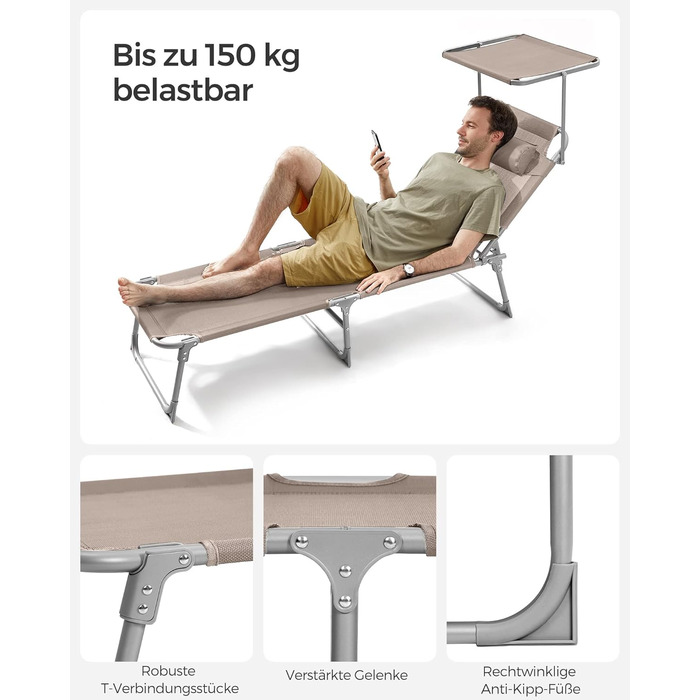 Лежак для відпочинку SONGMICS, розкладний, 193 x 53 x 29 см, до 150 кг, захист від сонця, подушка, регульована спинка, для саду, басейну, тераси (Taupe, без наматрацу)