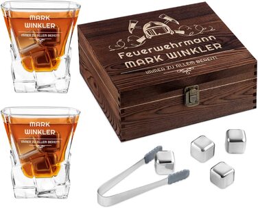 Набір каменів для віскі Maverton-в дерев'яній коробці з гравіюванням-8 кубиків льоду 2 склянки для віскі щипці оксамитовий мішечок-багаторазовий-металевий-подарунок для чоловіків- (пожежний)