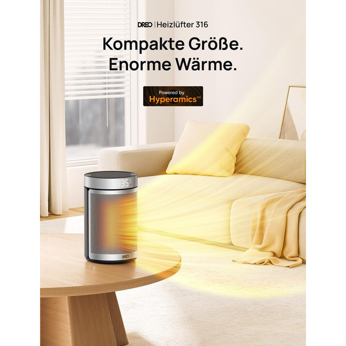 Електричний обігрівач Dreo Atom 316: тихий, 1500W, керамічний PTC, термостат, захист від перегріву та перекидання, таймер 12 год, для дому та спальні