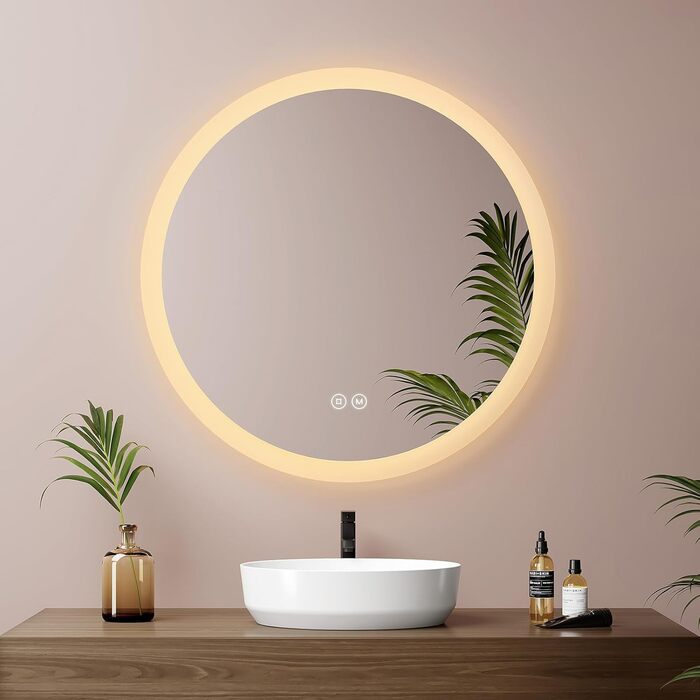 Дзеркало для ванної кімнати EMKE з підсвічуванням 80x60 см, сенсорне управління, антизапар, 3 кольори світла, регулювання яскравості, функція пам'яті, енергозбереження