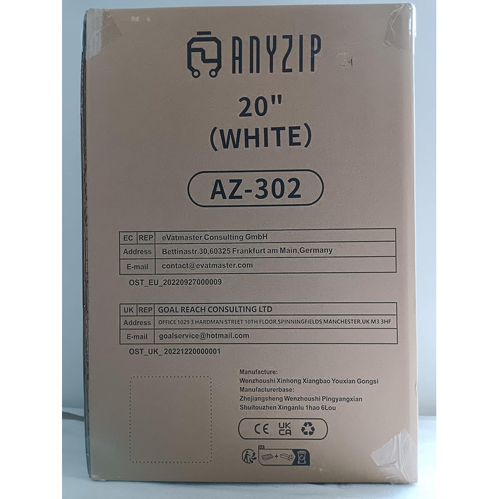 Жорсткий чохол для ручної поклажі AnyZip, алюмінієва рама, 4 колеса, замок TSA, білий, M-20inch