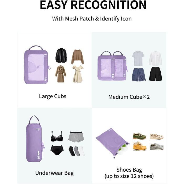 Набір органайзерів для валізи та рюкзака ECOHUB, компресійні пакувальні куби для одягу, 5 предметів (світло-фіолетовий)