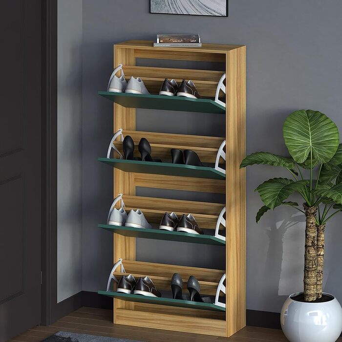 Взуттєва шафа BAKAJI з МДФ, 4 дверцята, відкидна полиця, врізні ручки, подвійна глибина, компактна, 63 x 24 x 150 см, для дому, зелений та дуб