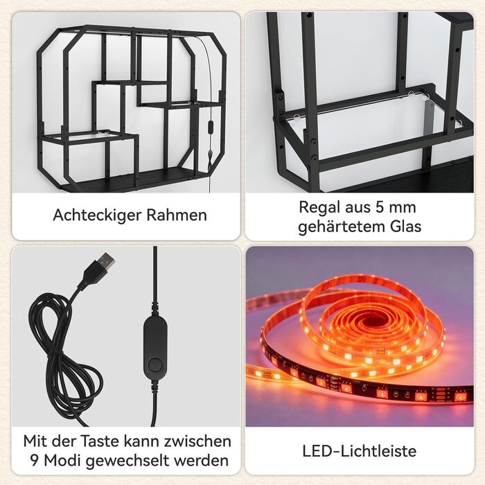 Підвісні полиці YU YUSING з RGB підсвічуванням 7 кольорів, геймерські полиці з 8 гачками, полиці для демонстрації, настінна вітрина з 2 скляними полицями, підвісна вітрина для спальні, кухні, бару, ігрової кімнати, шестигранна (чорний колір)