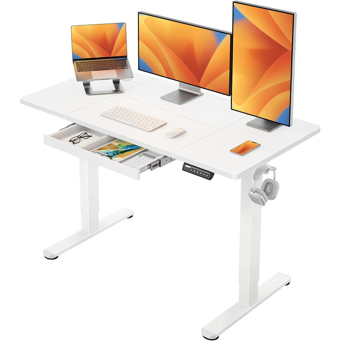 Електричний стіл ErGear 140x80 см з регулюванням висоти, шухлядою, 4-позиційною пам’яттю, T-подібними ніжками для стабільності, стільницею з декількох секцій (60x120 см)