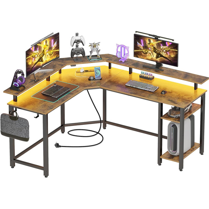 Комп'ютерний стіл Rolanstar L-подібний з RGB підсвічуванням та розетками, геймінговий стіл з полицею та 2 гачками, для офісу, робочого кабінету, спальні (117см) (Вінтажний коричневий, 137 x 77 x 87 см)