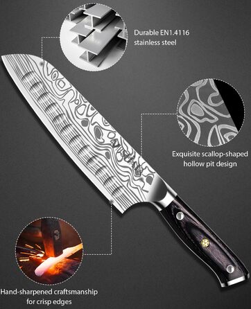 Ніж кухарський MOSFiATA Santoku, професійний ніж для кухні, універсальний ніж з нержавіючої сталі, дуже гостре лезо, з подарунковою коробкою 7