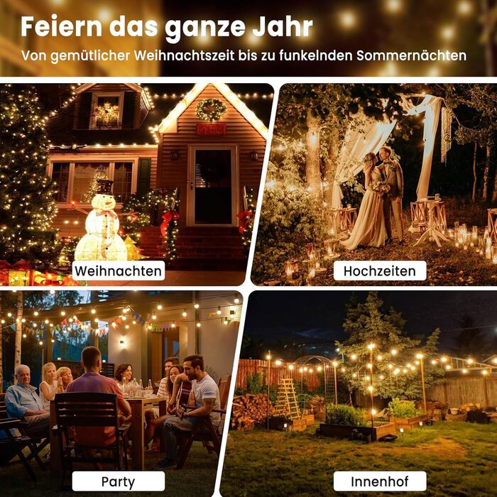 Ланцюжок прикрас для зовнішнього використання, 15м, з 25+2 LED-лампочками G40, тепле біле світло 2700K, IP65, вологостійкий, для саду, тераси, вечірок, чорний