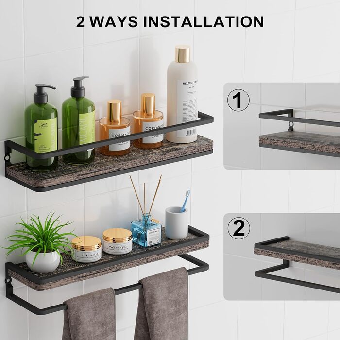 Полиця настінна дерев'яно-металева Wandregal 2 шт 42 см, плаваючі полиці для ванної, спальні, вітальні, кухні, офісу, пральні (чорний)