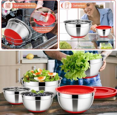 Набір місок HaWare з нержавіючої сталі, 7 шт., з кришками, для приготування їжі, випічки, салатів, 6.5/4.5/3/2.5/1.5/1.2/0.7 л (червоний, силіконове дно)