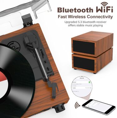 Вініловий програвач Udreamer з Bluetooth 5.3, вбудованими стерео динаміками, підтримкою 3 швидкостей, AUX, RCA, USB, бездротовим відтворенням, вінтажний стиль, коричневий