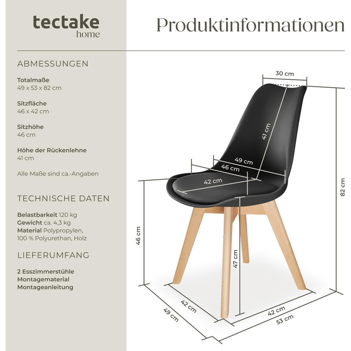 Набір обідніх стільців tectake® Frederikke II (4 шт.) - сучасний дизайн, чорний колір, для кухні, вітальні, офісу