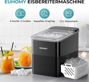 Машина для приготування льоду EUHOMY, компактний дизайн, однокнопкове керування, 9 кубиків льоду у 2 розмірах, автоматичне очищення, інтелектуальні сповіщення, прозорий кришка, чорний колір, для офісу/кухні/спальні, продуктивність 12 кг/24 год