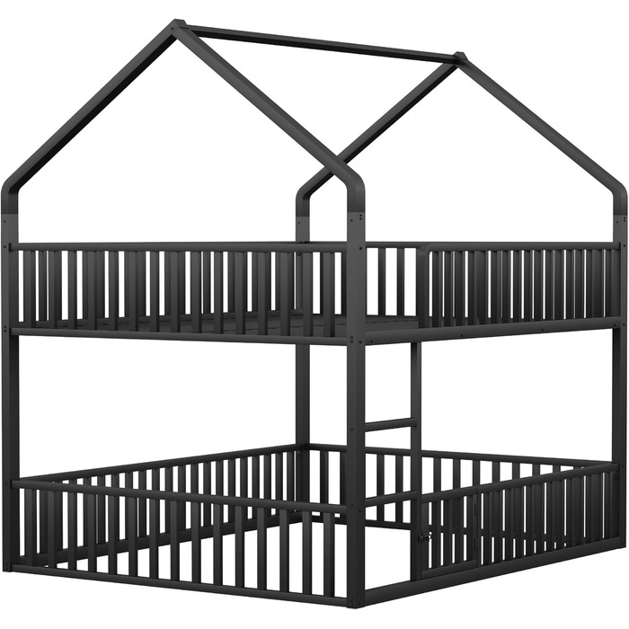 Двоярусне ліжко 140x200 см для 2 дітей, з будиночком, сходами та дверцятами, металеве, з захистом від падіння та ламелями (чорне)