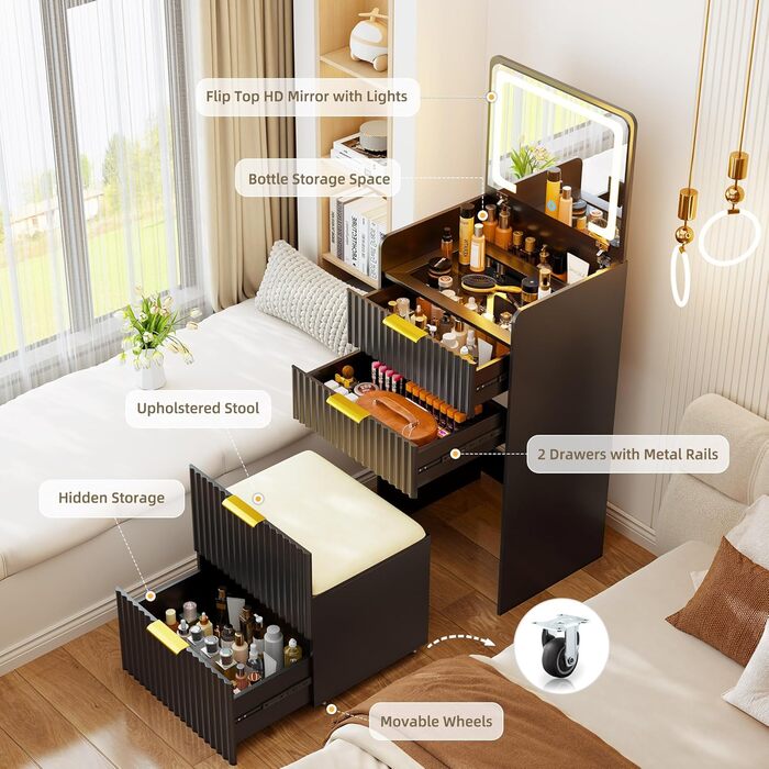 Трюмо Lvifur з LED-дзеркалом та 3 шухлядами, кутовий, для спальні, квартири, гуртожитку, білий (чорний)