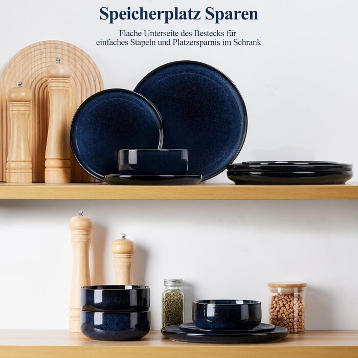 Набір посуду Joyfair на 6 осіб, 18 предметів, кераміка, блакитний (Tiefsee Blau). Тарілки, миски, салатники. Мікрохвильова піч та посудомийна машина. Реактивна глазур, стійкий до подряпин.