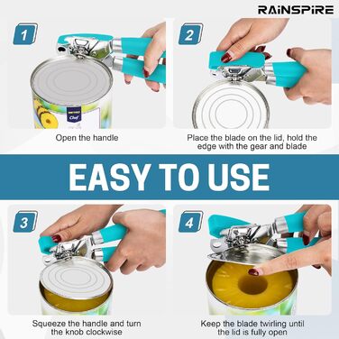 Відкривачка для консерв Rainspire, ручна, міцна, з плавним зрізом, з інтегрованим відкривачем пляшок, рожева (блакитна)