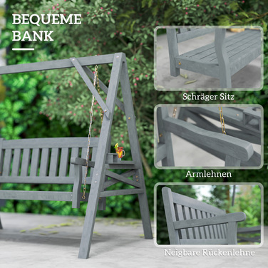 Двомісна садова гойдалка, дерев'яна лавка-гойдалка з полицями, тримачами для напоїв та металевими ланцюгами, сірого кольору