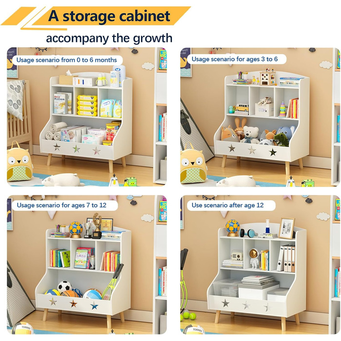 Дитяча полиця для іграшок та книг Garden 4 you, полиця для дитячої кімнати з 3 відкритими секціями, 60x30x63 см (білий)