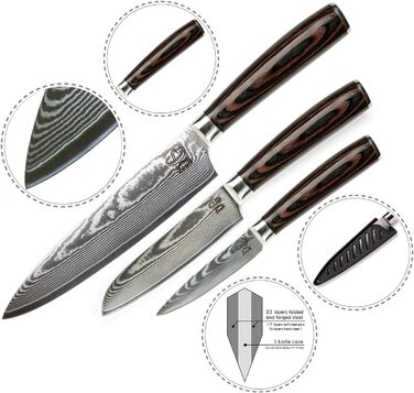Набір кухонних ножів Дамаск 3 шт. (32, 24, 20 см) з каменем для заточування, дерев'яною ручкою, захистом леза та подарунковою коробкою. Перевірено TÜV, 62 HRC, сталь Дамаск з 67 шарів.