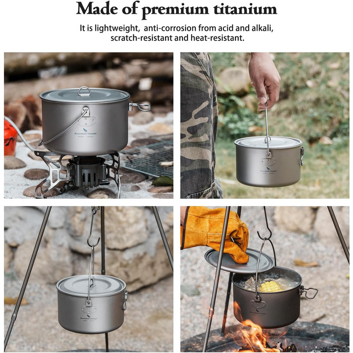 iBasingo 2.9L Титановий похідний казанок Titan з великою ємністю, туристична посудина для приготування їжі, легкий набір для кемпінгу, посуд для приготування їжі з складною ручкою, кухонні аксесуари для 1-3 осіб Ti2045C
