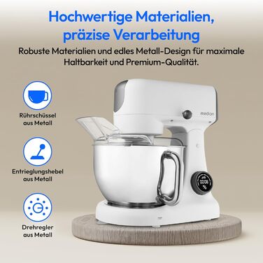 Кухонна машина MEDION MD 12600 з м'ясорубкою, 4.6 л чаша з нержавіючої сталі, тихий двигун, 800 Вт, набір насадок для натирання, шинкування та нарізання, сенсорний дисплей, міксер, тістоміс