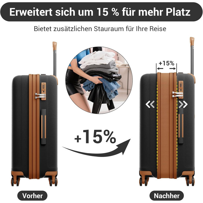 Чорний/Коричневий великий валіза KONO з тримачем для напоїв, жорсткий корпус, легкий поліпропілен, розширюваний, з TSA замком, 4 колеса XL