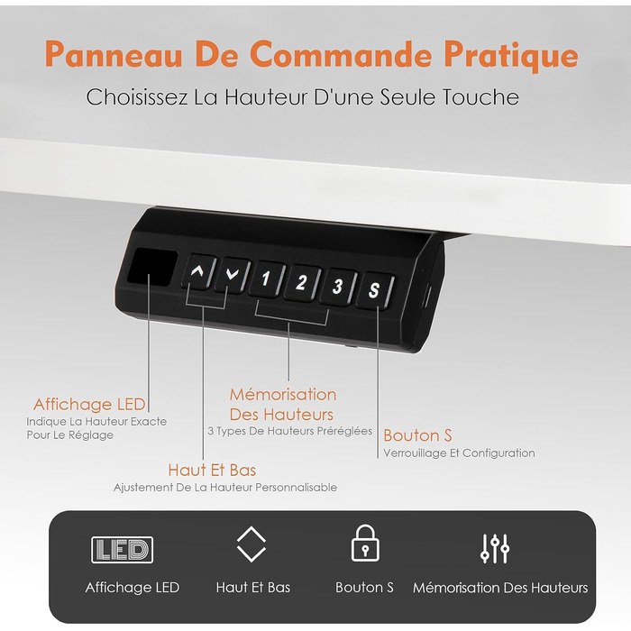 Електричний регульований стіл Pachira 120x60 см з пам'яттю та LED-дисплеєм, з гачками та кабелеуправлінням, ергономічний для дому/офісу, білий