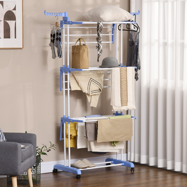 Сушильна баштова стійка HOMCOM Tumble Dryer 73 x 64 x 177 см висувається з коліщатками 4 рівня для внутрішнього та зовнішнього використання steel blue