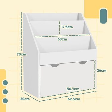 Полиця для дитячих книг AIYAPLAY, 3-8 років, 3 ящики, з шухлядою, MDF, 62,5x30x70 см, білий колір