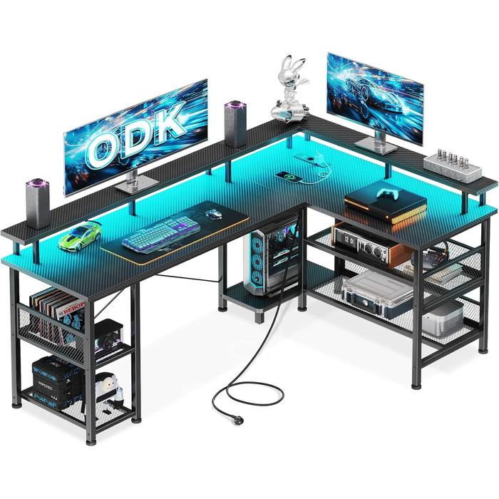 Ігровий стіл ODK з LED-підсвічуванням, 150x102 см, з 2 розетками та 2 USB-портами, кутовий, з підставкою для роутера, карбон, чорний