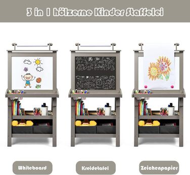 Дитячий мольберт COSTWAY 3-в-1 дошка, дошка для крейди та паперу, з полицею та коробками (сірий)