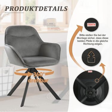 Набір з 6 обертових кухонних стільців з підлокітниками, м'який стілець з велюру, для вітальні та їдальні, темно-сірий