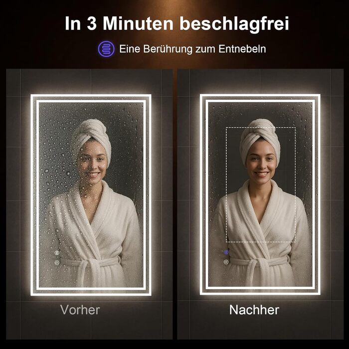 Дзеркало для ванної кімнати Youyijia з підсвічуванням, 70x50 см, з антизапарюючим покриттям, сенсорним вимикачем, 3 кольори світла, регулювання яскравості, 3500K-6500K