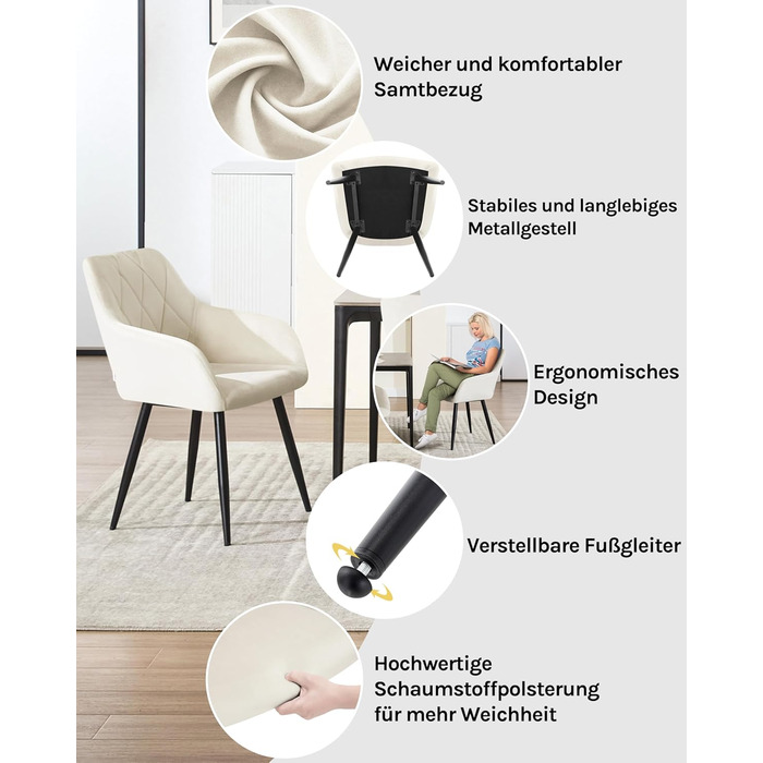 Крісла для їдальні WOLTU з підлокітниками та спинкою, для кухні, вітальні, їдальні, м'які крісла з оксамитовим покриттям, металеві ніжки, (кремовий, набір 8 шт)